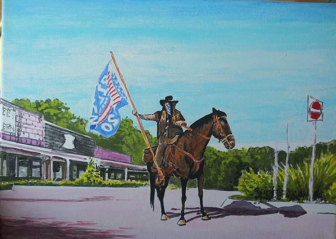 Oh, don't mind me. I'm just one guy on a horse tryna stand up against fascism...
'Wimberley Square' by Tim Leibrock painted around October 2020...
#Ridin4Biden #Biden2020 #RiseAKnight