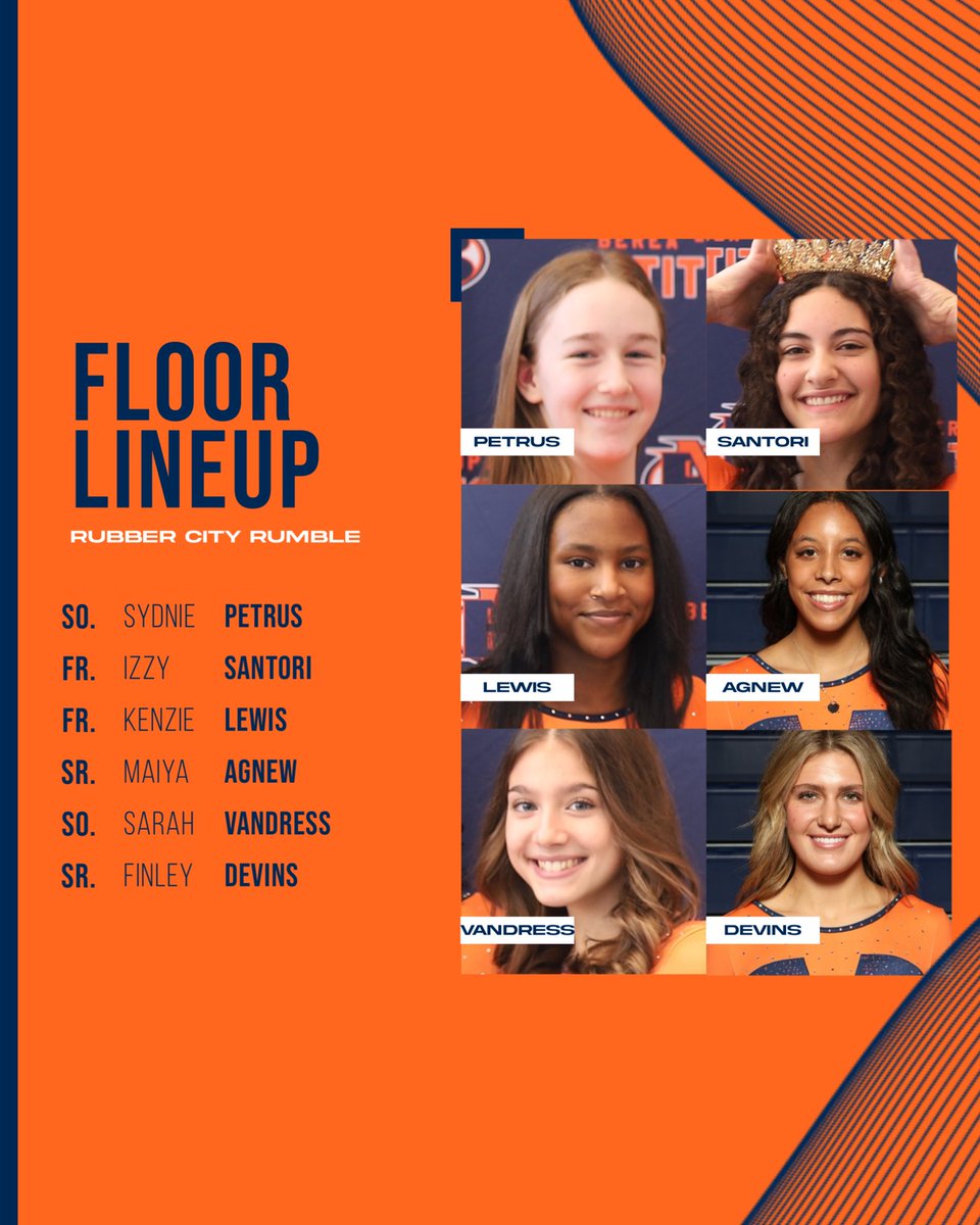 GymnasticsBMHS's tweet photo. Today’s lineups for the Rubber City Rumble! Agnew, Devins &amp; Lewis will compete in the all-around. #BeATitan https://t.co/csMWrHOfAM