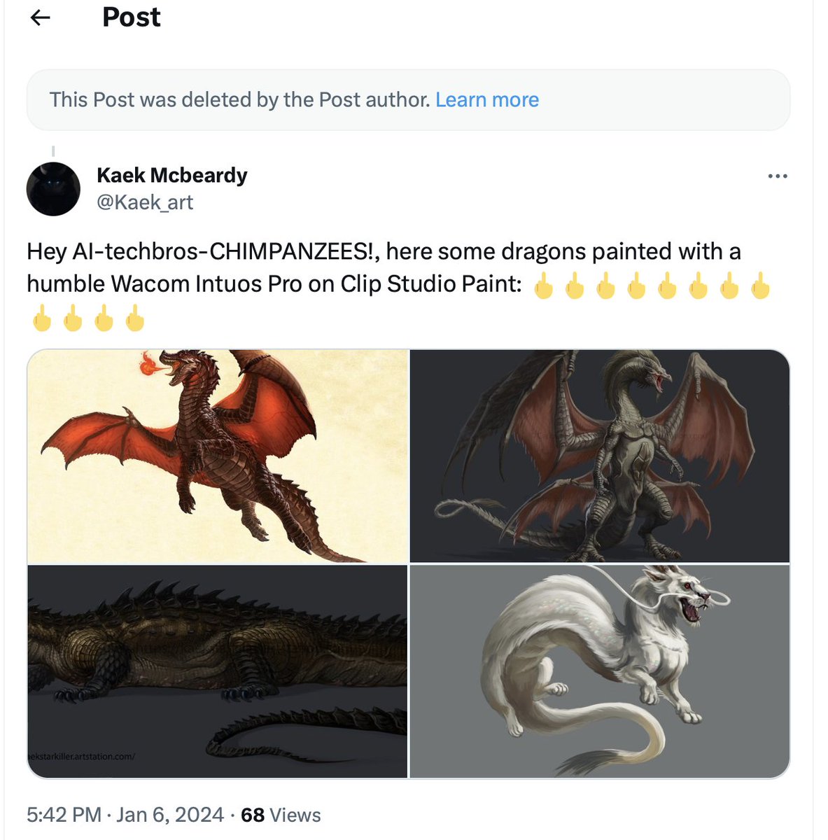 Kaek_art's tweet photo. Wacom deleted the AI dragon Shit  LOL @wacom  #wacom #wacomsale #shame #dishonor https://t.co/nIHo1IEXhw