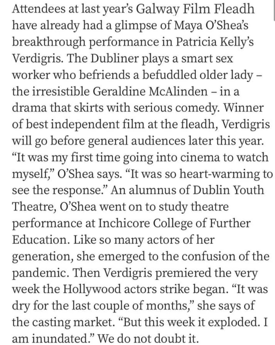 The amazing Maya O'Shea has been included in Donald Clark's 5 to watch out for in 2024, in his cinematic selection for today's Irish Times magazine piece.
We're so proud of our talented star & can't wait to see what wonderful roles she plays in the future.
#irishactor #irishfilm