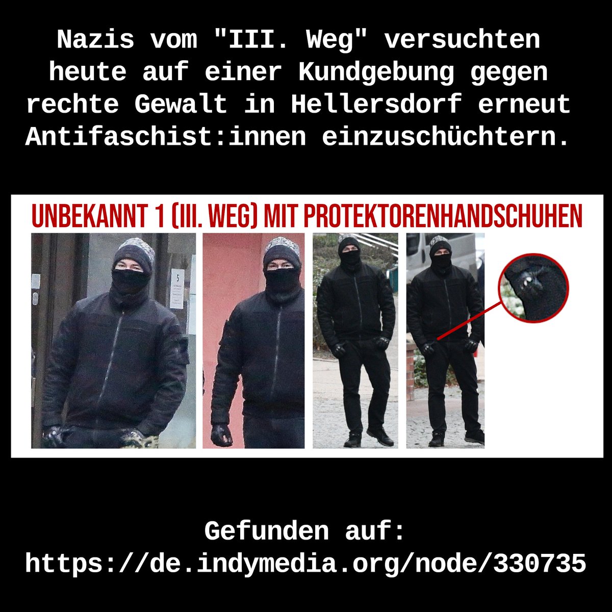 OATMaHe's tweet photo. Gefunden auf: https://t.co/vtepqazrd3

Heute versuchten Erik Storch, Larsen Aslan und weitere Neonazis erneut Antifas in #Hellersdorf einzuschüchtern. Mit Pfefferspray und Protektorenhandschuhen ausgestattet näherten sie sich. Außerdem schlichen weitere Neonazis im Umfeld herum. https://t.co/i9vm1wfTWZ