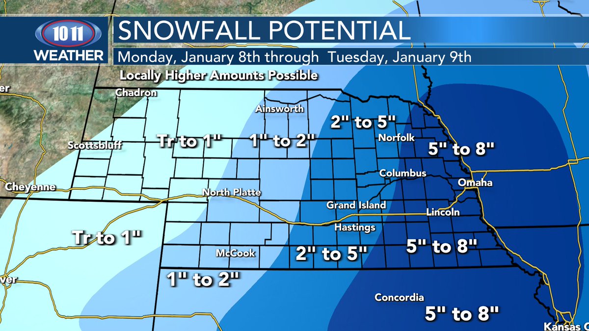 Sat Evening Update: Winter Storm Watch will go into effect Sunday night through Tuesday morning for eastern &amp; central areas. Highest snowfall potential still looks to be in central &amp; eastern areas. Breezy conditions will also be likely... blowing snow &amp; hazardous travel possible.