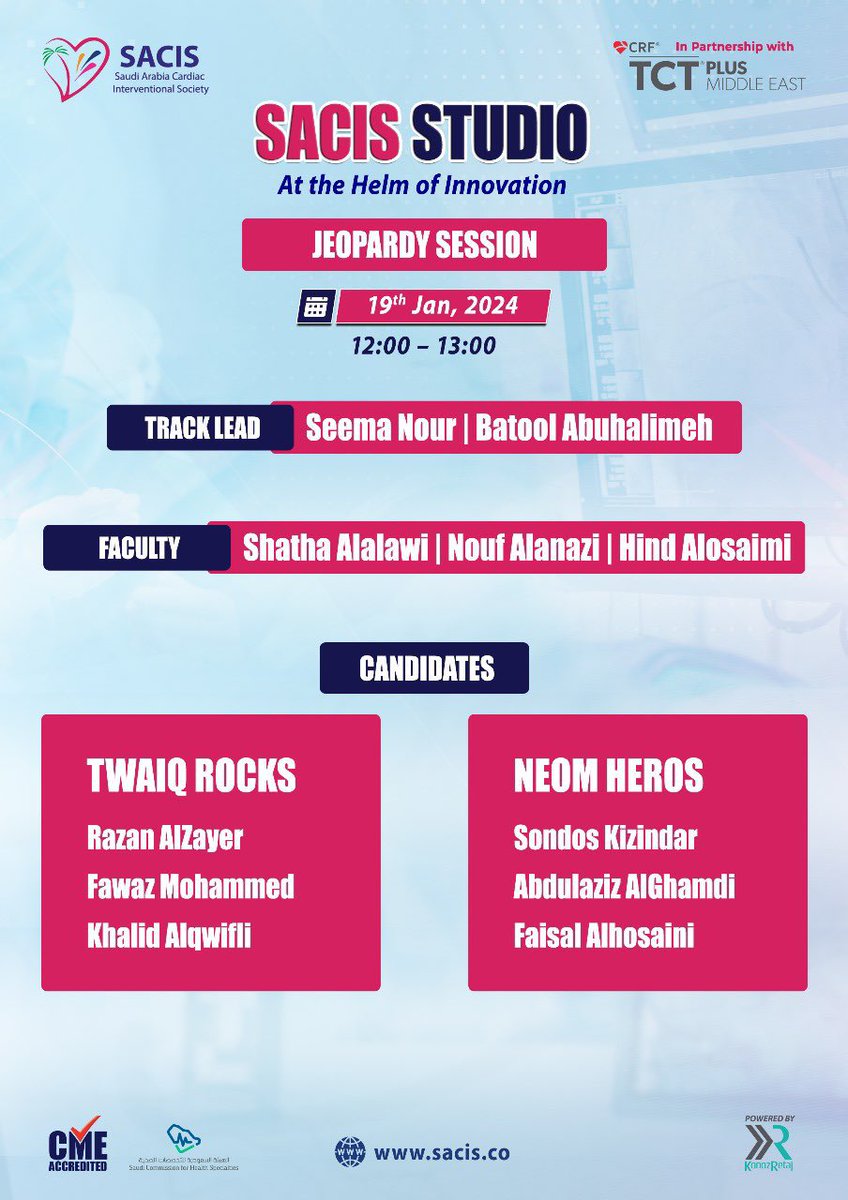 Dr_ShazaAlalawi's tweet photo. **At The Helm of Innovation**
Welcome to #SACIS_JEOPARDY Session 🥁🥁
TWAIQ ROCKS vs NEOM HEROES
Winners get a scholarship to #TCT2024 @crfheart
Don’t miss the excitement of competition🪇
Join us at #SACIS_Studio #WIN_Track
#TCT_Plus_MiddleEast
@SACIS_SoMe @SACIS_KSA https://t.co/frwimar9Vb