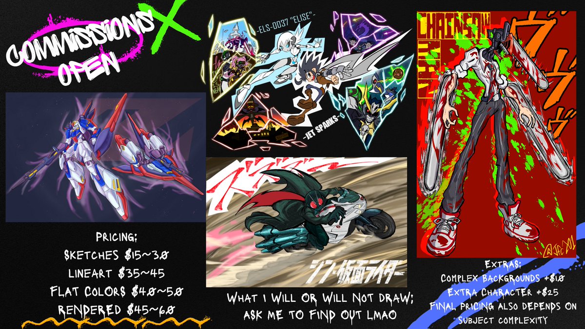 jfc0201's tweet image. Thought about it for a while but decided to do it anyways so I'm opening up comms!
I draw stylized & exaggerated cartoony things, and most importantly mecha & tokusatsu stuff
I'll probably have like 2 slots open for now
#commissionsopen #ArtistOnTwitter #digitalart