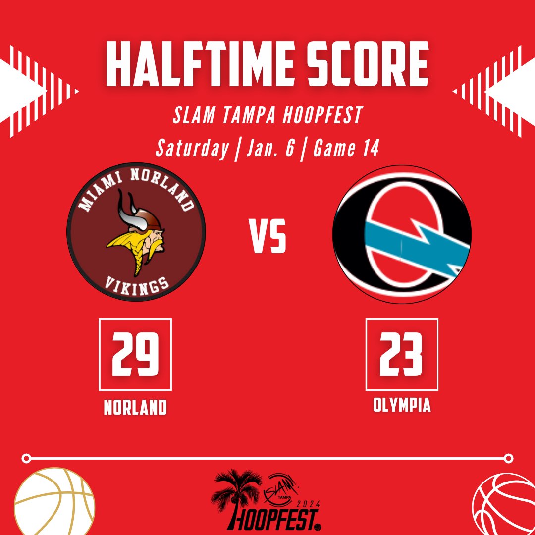 Game 14: @tampahoopfest

At the half:  
Norland 29 
Olympia 23  

📊 Leaders

<a href="/NorlandMiamiLW/">VikingsBasketball</a>
Marcus Allen 14

<a href="/OlympiaHsHoops/">Olympia Basketball</a>
Kameren Wright 12