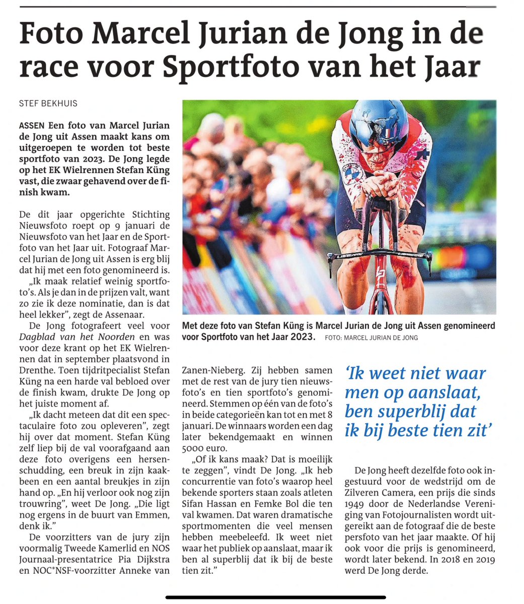 Vandaag in het Dagblad van het Noorden een stuk over mijn nominatie voor de Sportfoto van het Jaar 2023.