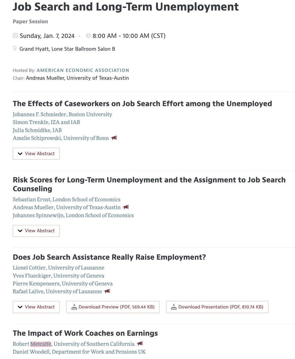Excited to be presenting tomorrow morning on some new work examining the role of work coaches on job-seekers' long-term earnings and labor market progression, with @econwoodell Great session organized by Andreas Mueller with @rlalive @ASchiprowski #ASSA2024