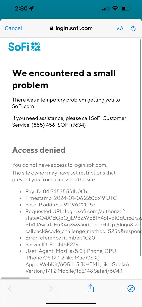 paupow's tweet photo. @SoFiSupport getting this error since last night. I restarted my phone, uninstalled and reinstalled the app and still get this message. I can log into my account on my computer though. https://t.co/s0zMxBK3wV