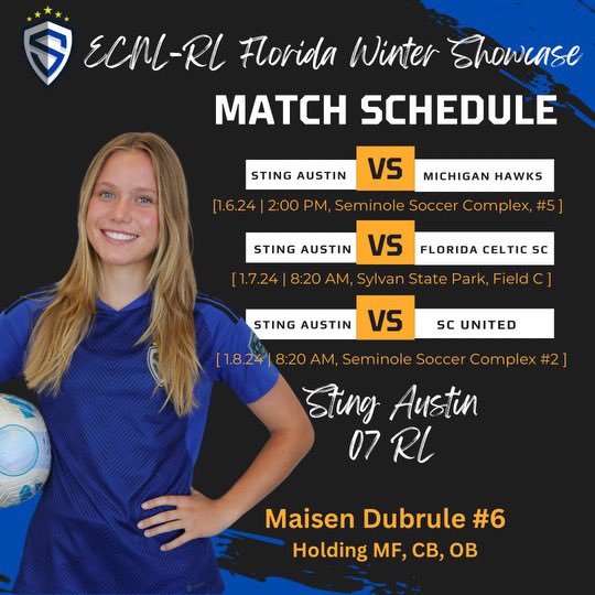Maisen Dubrule (@maisendubrule) on Twitter photo 1st day is done with a great win! So proud of this team! 2 days left of the ECNL-RL Florida showcase! Let’s go! <a href="/sting_austin/">Sting Austin</a> 1st day is done with a great win! So proud of this team! 2 days left of the ECNL-RL Florida showcase! Let’s go! <a href="/sting_austin/">Sting Austin</a>
