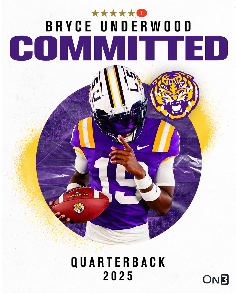 BREAKING: 5-star+ QB Bryce Underwood has committed to #LSU.

He's the No. 1 prospect in the 2025 class.

The Michigan native is the first No. 1 QB to commit to LSU in the modern recruiting era.

Massive win for QBs coach Joe Sloan and the Tigers. 

on3.com/teams/lsu-tige…