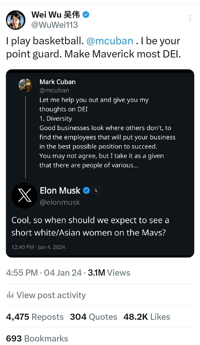 <a href="/mcuban/">Mark Cuban</a> <a href="/X/">X</a> Hello Mark. You want DEI. Talk most cheap. Please take action. Make me Maverick Point guard. I make Maverick most DEI. Elon Musk and many people all agree. Many sign petition.