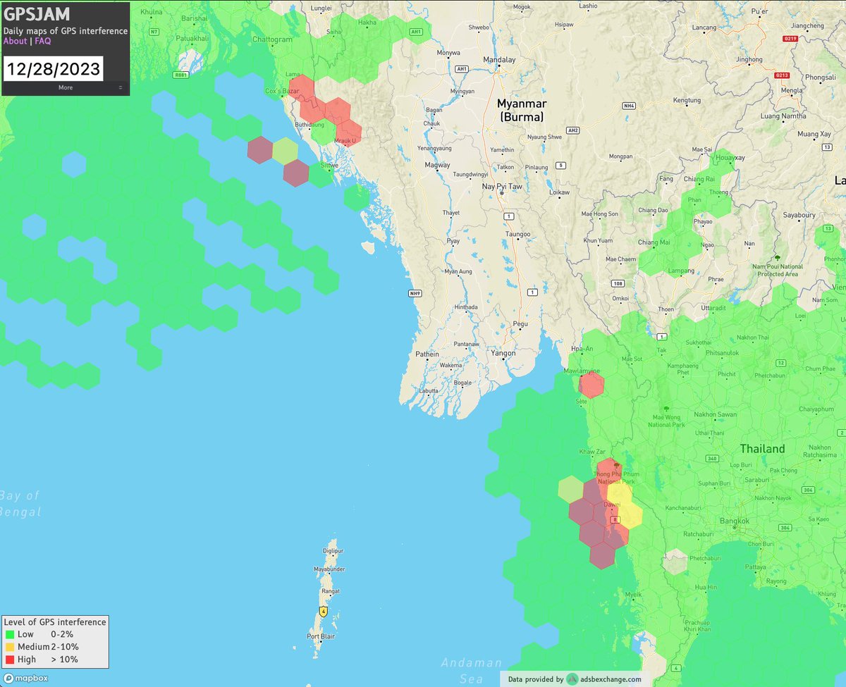 Two persistent areas of GPS interference appeared in Myanmar over the holidays and are still going. One around Buthidaung in the west, and one near Dawei in southeastern Myanmar. There isn't much ADS-B coverage in the area so there may be other affected regions.