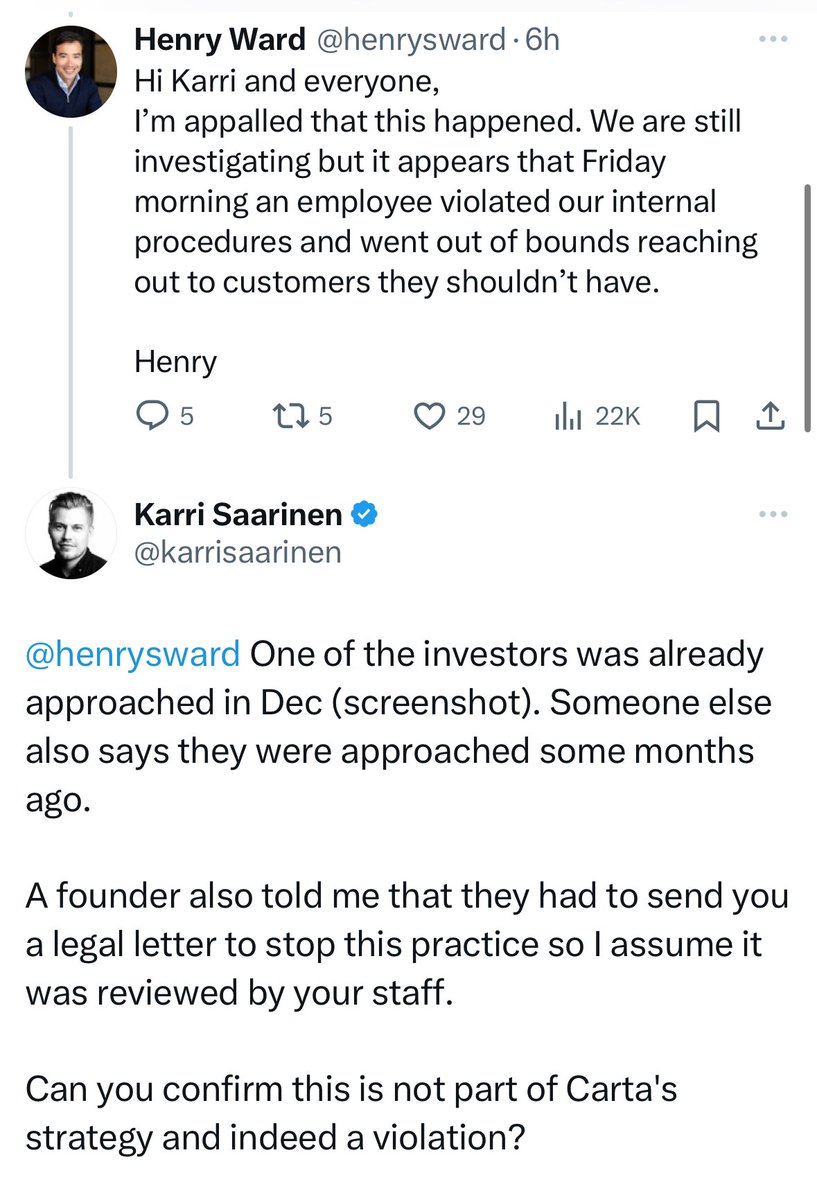 anothercohen's tweet photo. Something is definitely not adding up here with this Carta drama. 

If I had to guess I’d say the sales team at Carta has full access to cap tables to do outbound and drive growth for their liquidity offering and was getting away with breaching trust like this for a while. 

This public explanation from their CEO also does not inspire any confidence.

If I’m a founder using Carta for cap table management I should now assume they have internal tooling where any employee can see my entire cap table.