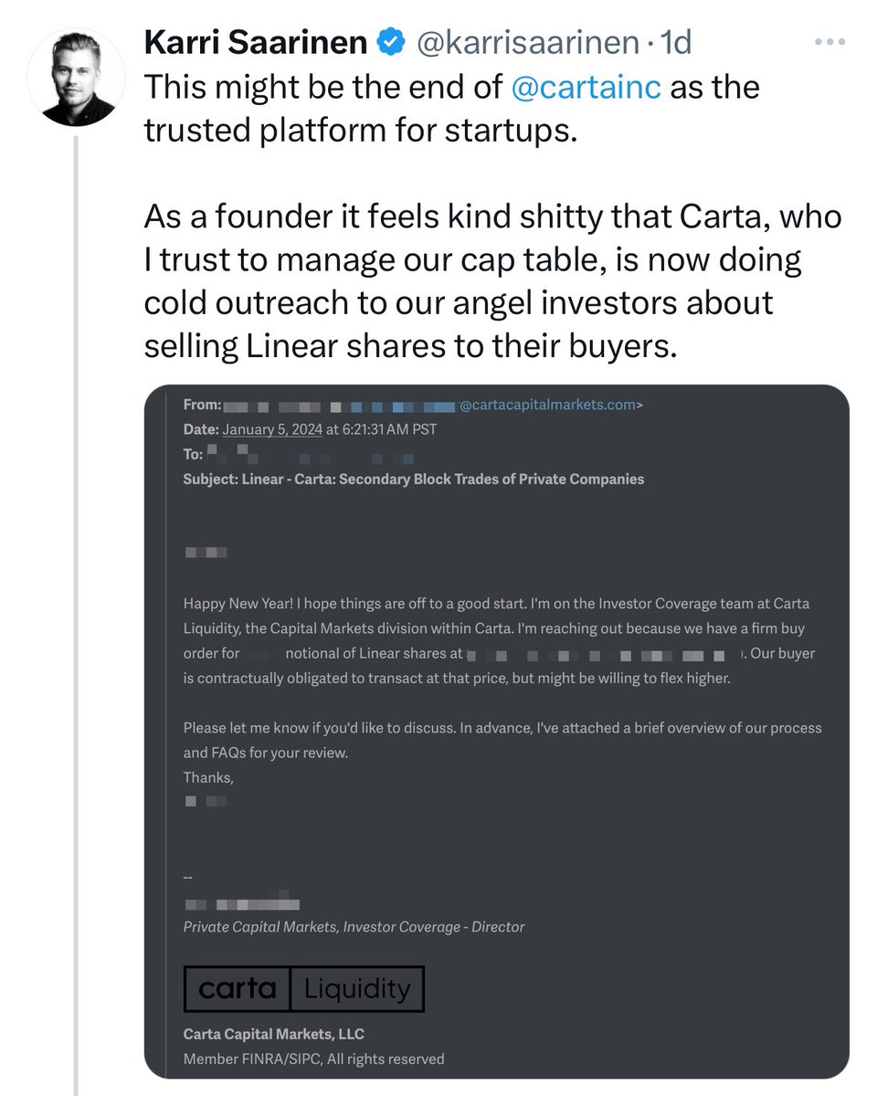 anothercohen's tweet photo. Something is definitely not adding up here with this Carta drama. 

If I had to guess I’d say the sales team at Carta has full access to cap tables to do outbound and drive growth for their liquidity offering and was getting away with breaching trust like this for a while. 

This public explanation from their CEO also does not inspire any confidence.

If I’m a founder using Carta for cap table management I should now assume they have internal tooling where any employee can see my entire cap table.