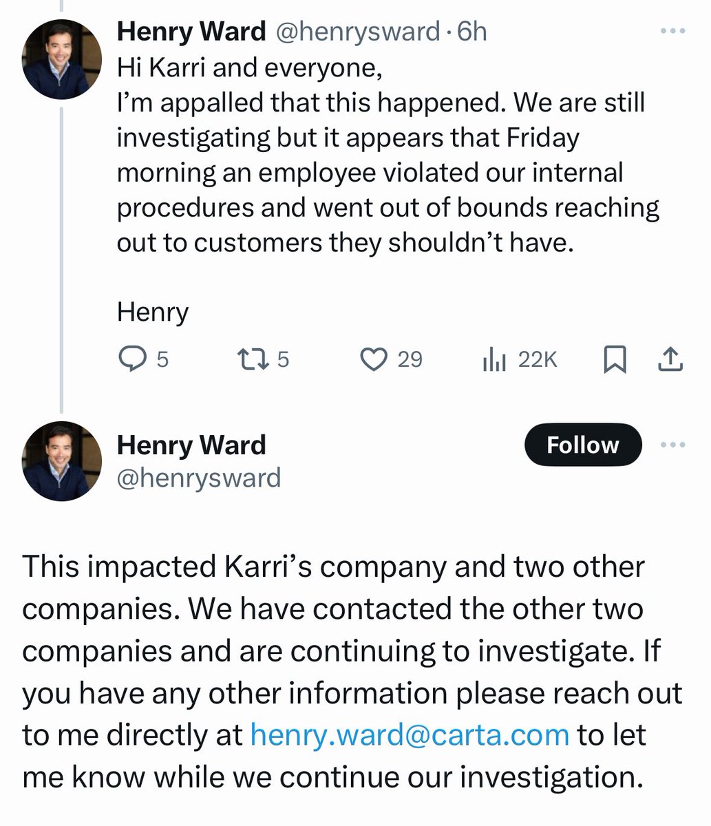 anothercohen's tweet photo. Something is definitely not adding up here with this Carta drama. 

If I had to guess I’d say the sales team at Carta has full access to cap tables to do outbound and drive growth for their liquidity offering and was getting away with breaching trust like this for a while. 

This public explanation from their CEO also does not inspire any confidence.

If I’m a founder using Carta for cap table management I should now assume they have internal tooling where any employee can see my entire cap table.