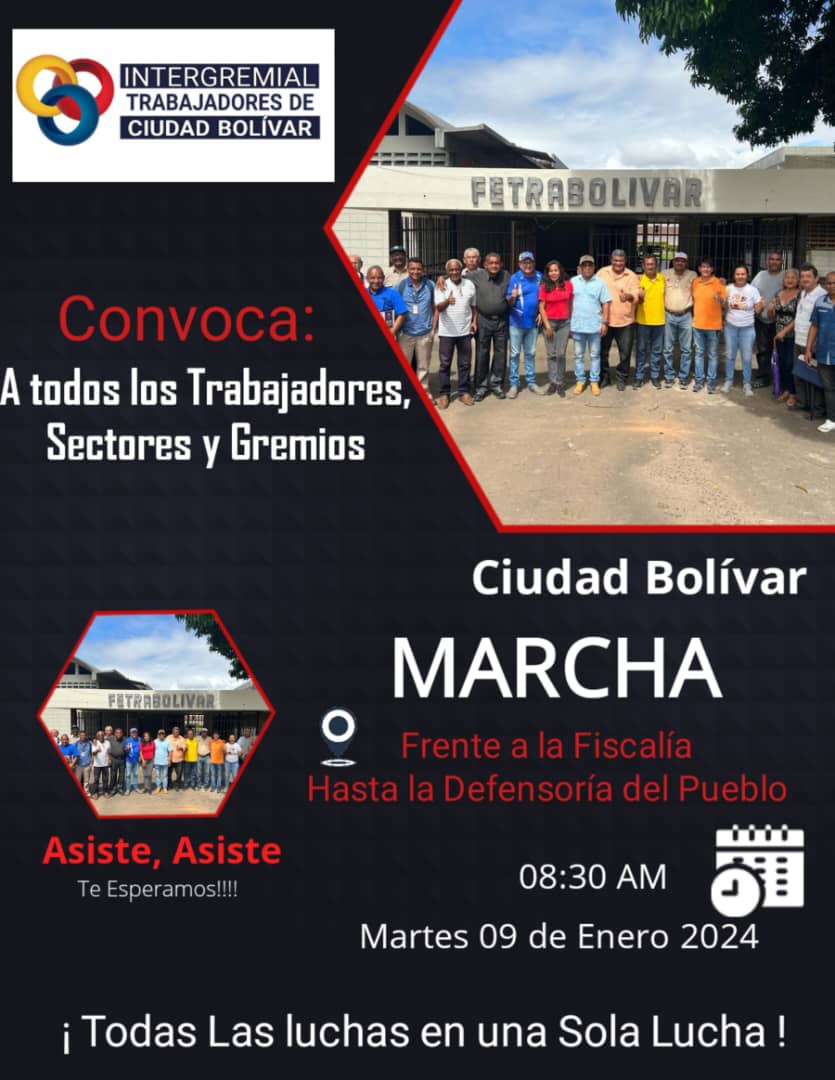 #FetraBolivar convoca a los Trabajadores de de #CiudadBolivar a marchar desde la Fiscalía hasta la Defensoría del Pueblo. 
#El9PaLaCalle