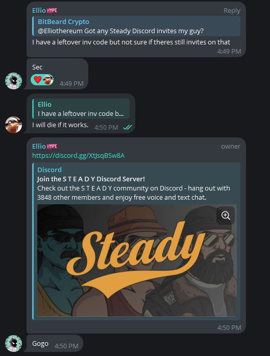 My Fucking Hero @Elliothereum hooked it up with a discord invite to @SteadyNFT_  in his #Alpha TG.

We are so early, and this kind of info is beyond valuable.   

Literally #lifechangingmoney can be made in these groups, I have seen it first hand.