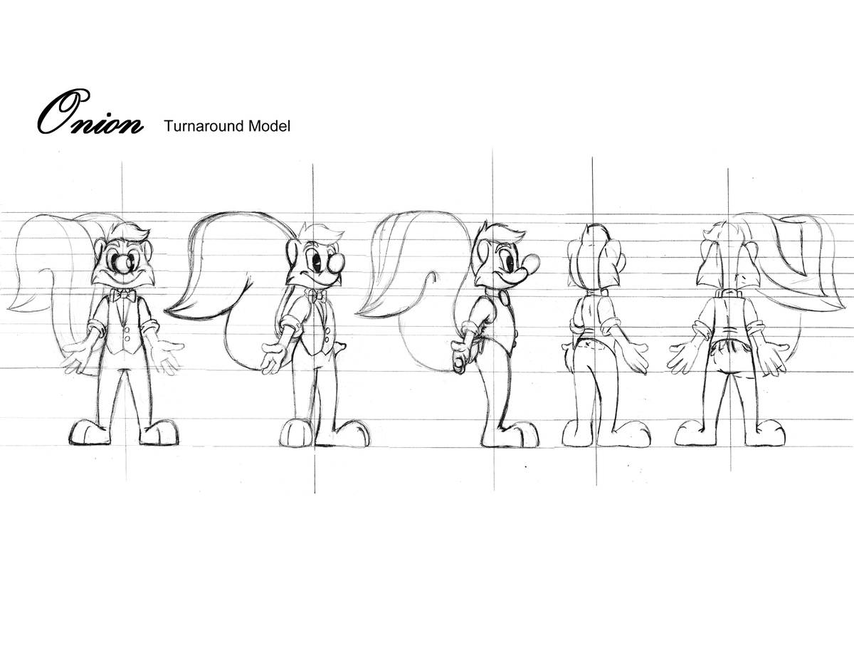 Official model sheet/turnaround for Onion. First light attempt at animation using traditional animation paper and disk.