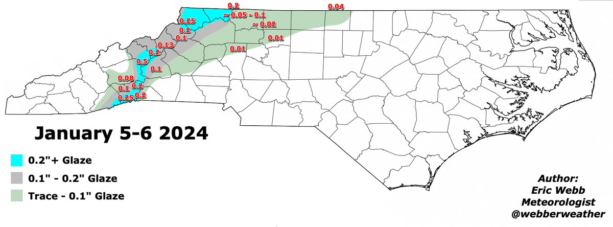 Here's a preliminary ice accumulation map for this morning's freezing rain event in western NC. Freezing rain was mostly confined to the mtns & far western + NW Piedmont. Up to ~ 0.5' of ice accrued on top of Mt Mitchell ! Ice storm accumulation maps for NC since 1992 are…