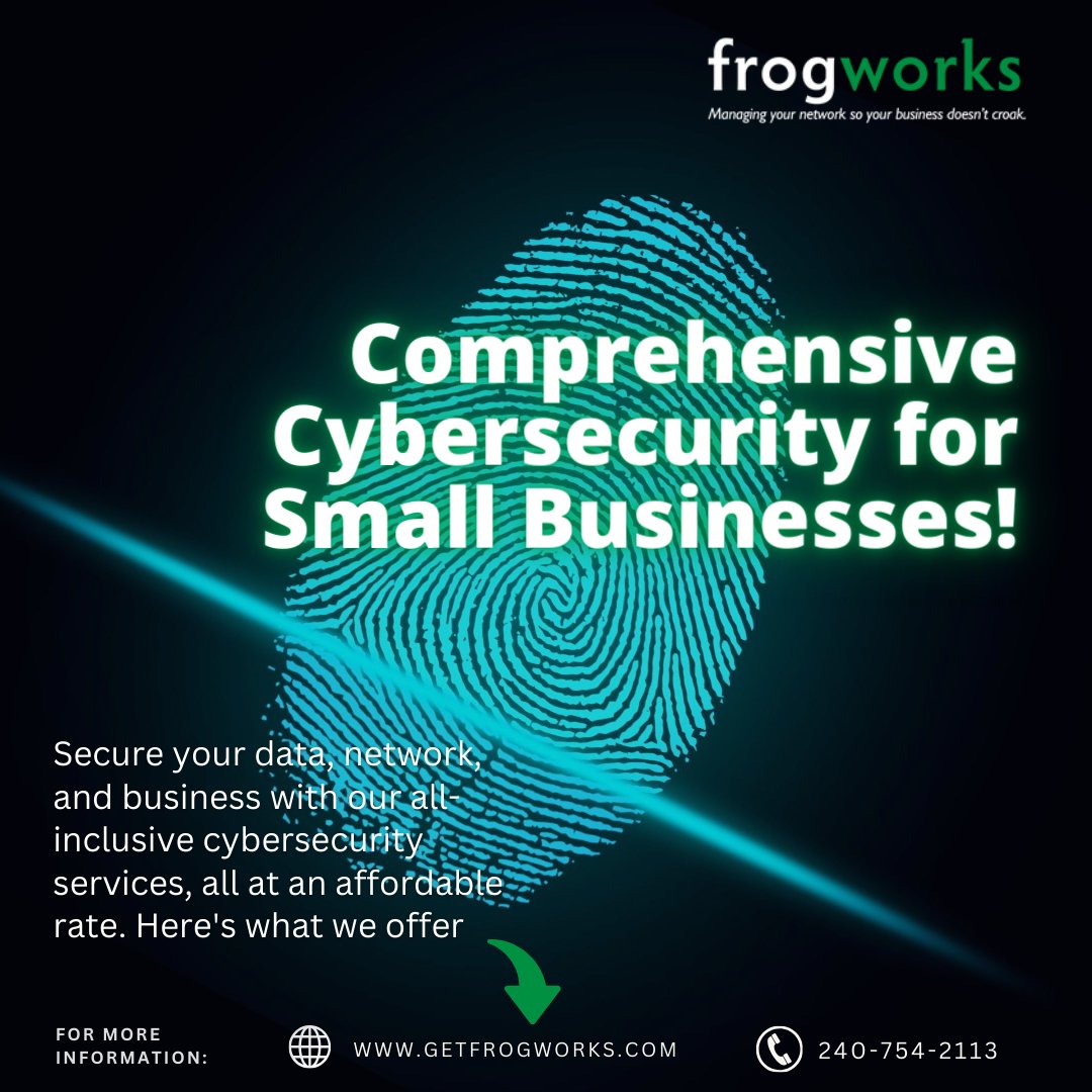 Comprehensive Cybersecurity for Small Businesses!
Secure your data, network, and business with our all-inclusive cybersecurity services, all at an affordable rate.  getfrogworks.com 
#CybersecurityServices #SmallBusinessProtection #DataSecurity #NetworkProtection