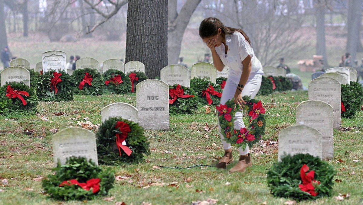 TheBabylonBee's tweet photo. AOC Lays Wreath At Her Grave On January 6th https://t.co/0EsVP8SLu9 https://t.co/YSRiHTnLrm