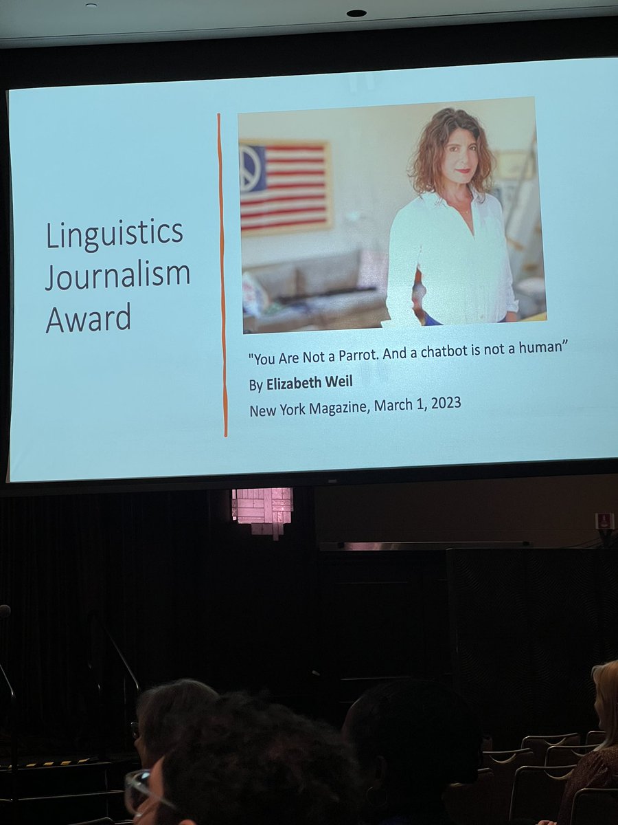 Congratulations to @lizweil for receiving the Linguistics Journalism Award. She was also praised at @emilymbender’s plenary today. #LSA2024