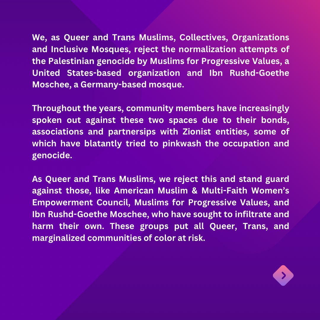 qtmsolidaritynt's tweet photo. ‼️ (29) Queer &amp; Trans Muslims Organizations from (15) different countries want accountability. 

📣 Listen up MPV &amp; IRGM, don’t be think you escaped accountability for all the years y’all used our struggles under a false pretense. — https://t.co/BmjNvpwNlj