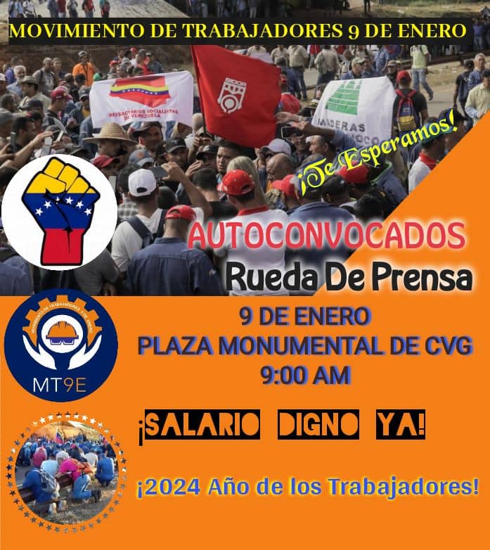 El Movimiento de Trabajadores 9 de Enero convoca a todos los trabajadores de #Guayana a la Pza Monumental de la #CVG  a seguir peleando por ¡Salario digno ya!
#El9PaLaCalle