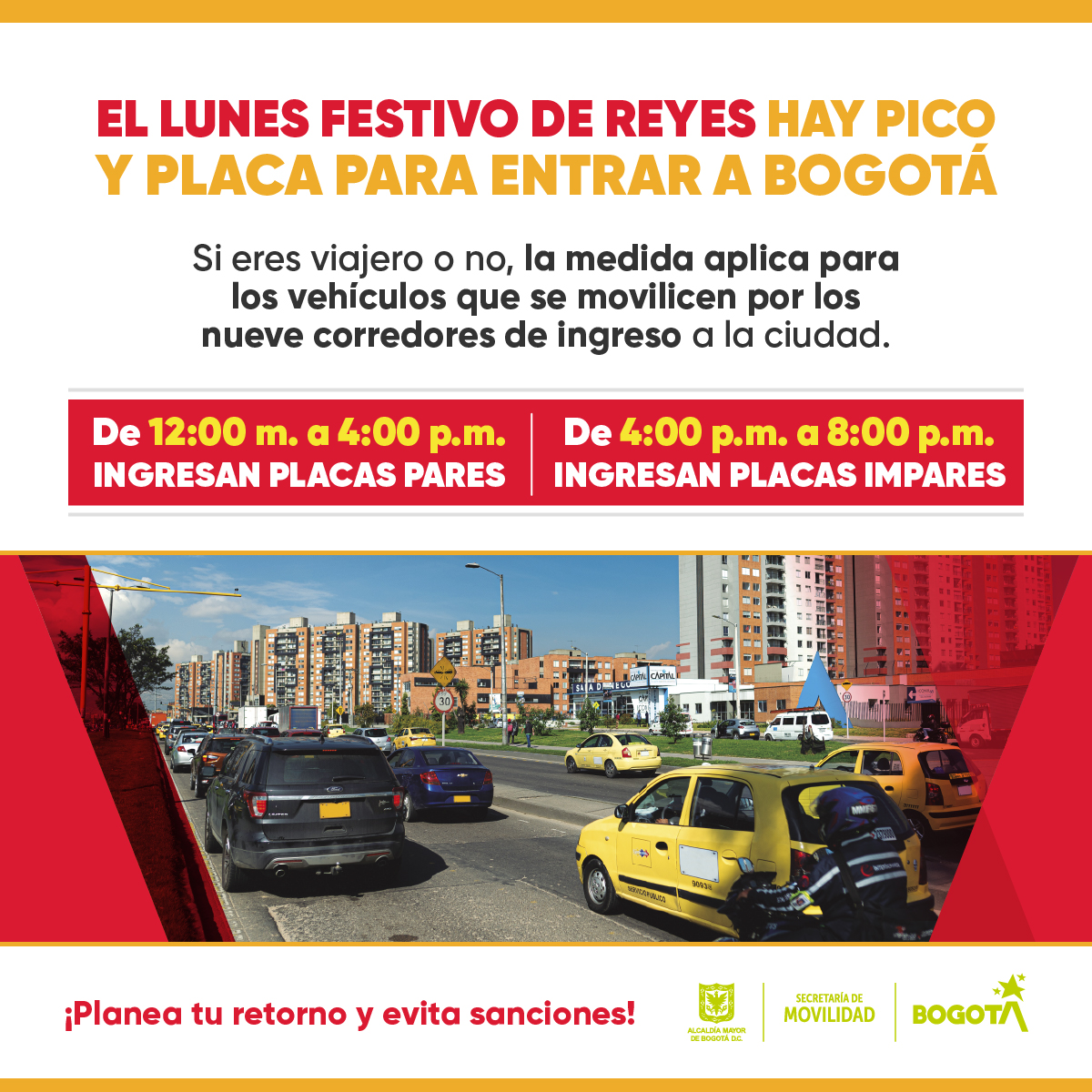 SectorMovilidad's tweet photo. ⏰Si vas a ingresar a la ciudad mañana lunes festivo o vives cerca a los corredores donde aplica la restricción de #PicoyPlacaRegional, recuerda el horario:

✅De 12 m. a 4 p.m. circulan los carros de placa PAR
✅De 4 p.m. a 8 p.m. circulan los carros con placa IMPAR https://t.co/Dm32J4L9bv