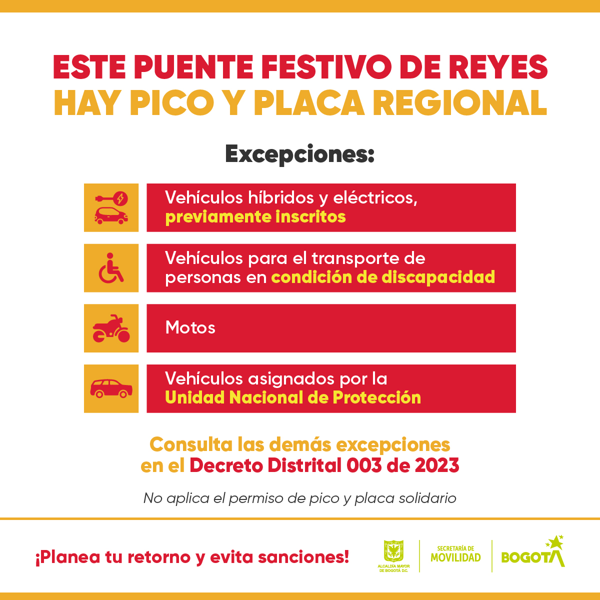 SectorMovilidad's tweet photo. ⏰Si vas a ingresar a la ciudad mañana lunes festivo o vives cerca a los corredores donde aplica la restricción de #PicoyPlacaRegional, recuerda el horario:

✅De 12 m. a 4 p.m. circulan los carros de placa PAR
✅De 4 p.m. a 8 p.m. circulan los carros con placa IMPAR https://t.co/Dm32J4L9bv