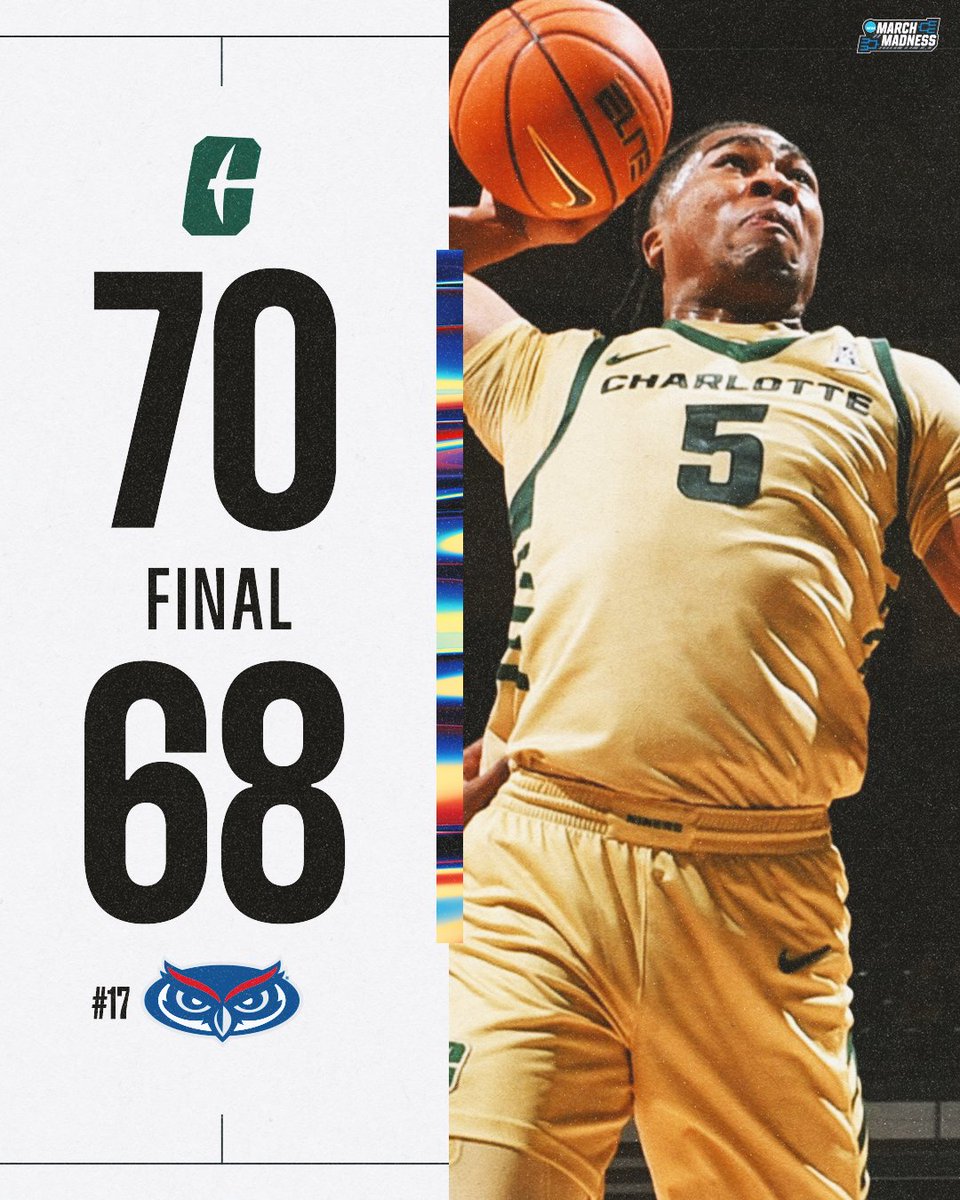 MarchMadnessMBB's tweet photo. CHARLOTTE KNOCKS OFF NO. 17 FLORIDA ATLANTIC 😳

The 49ers pick up their first ever win in the American in dramatic fashion 😮‍💨 https://t.co/ssLS6eXsvV