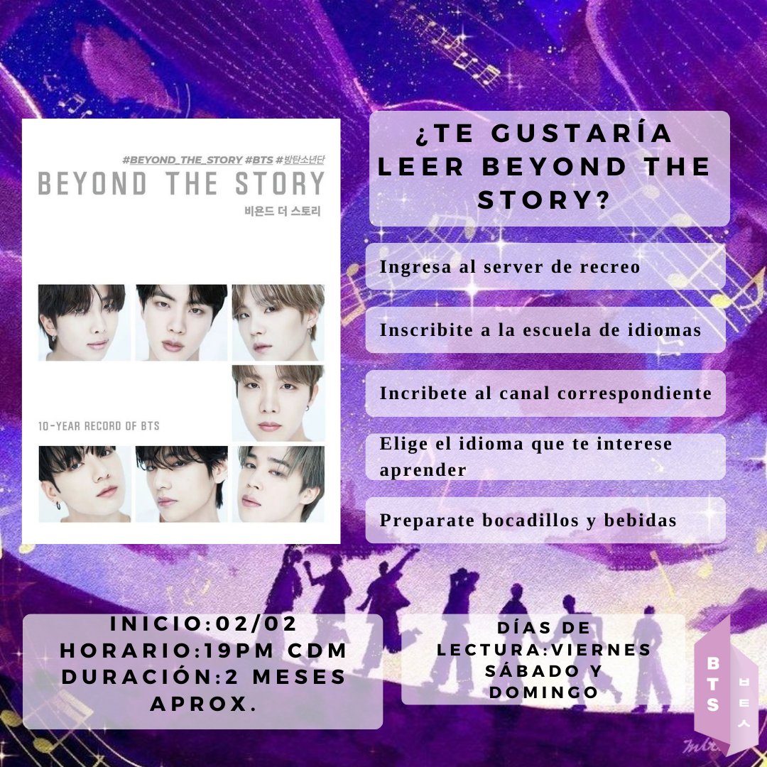 idiomas0613's tweet photo. 📣 ¡Hola, ARMY! 🎉 ¿Estás listo para una nueva aventura con nuestros chicos favoritos de BTS?  Te invitamos a unirte a nosotros para leer #BeyondtheStory". Sumérgete en el universo de BTS como nunca antes, descubriendo nuevas facetas de su historia y música. ¡No te lo pierdas! 💜 https://t.co/YC5rLuKWSi