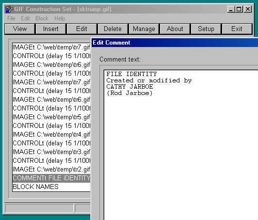 RaytracedVibes's tweet photo. 🎞️ Gif Construction set went from 1.x to 2.0 between April'98 and Jan'99. So that helps create an upper bound date. If loaded in 1.0, you see it contains the original file names for each frame! https://t.co/KSsxkDHi22