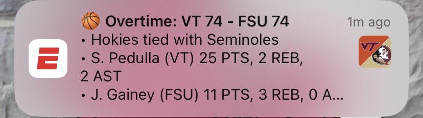 FignewtonVT's tweet photo. Thanks @espn - this game in fact is not going to overtime, it’s a #Hokies L. Thanks for getting my hopes up https://t.co/q0SnciTHRl