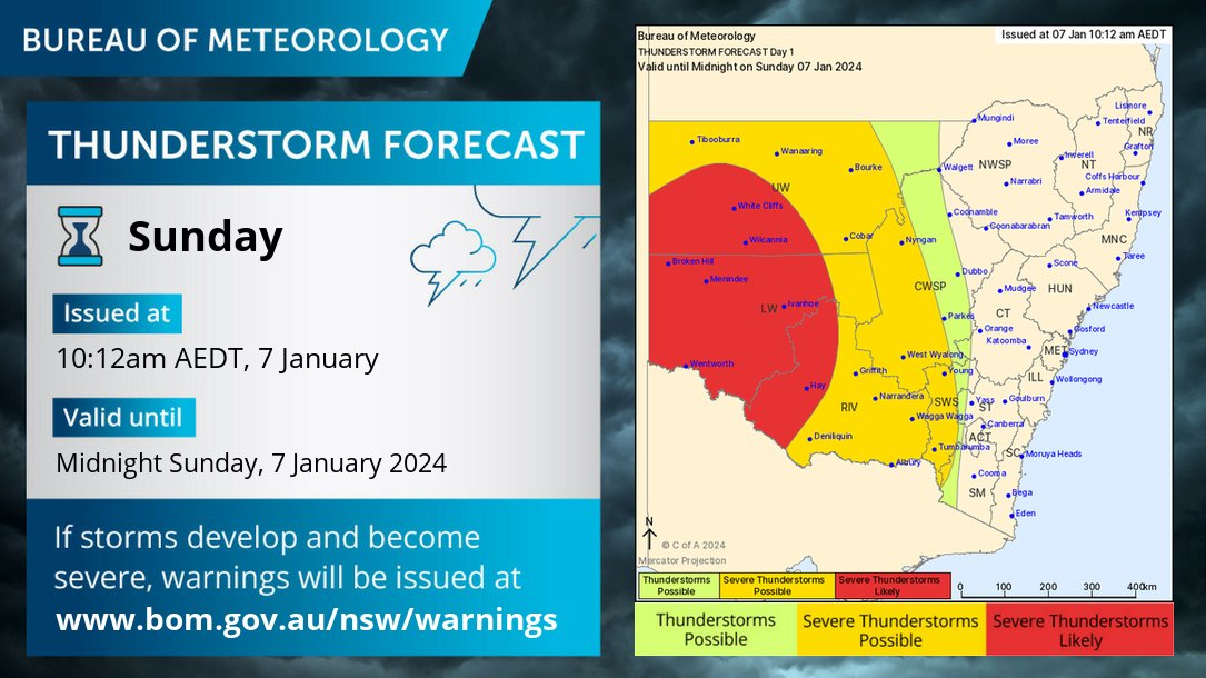 BOM_NSW's tweet photo. ⚡ Thunderstorm forecast for TODAY (Sunday): A severe storm outbreak remains likely across the west with damaging winds and localised intense rainfall with dangerous flash flooding. Heavy rainfall may continue overnight into Monday morning over the southern inland. https://t.co/2KZwQzjMqU