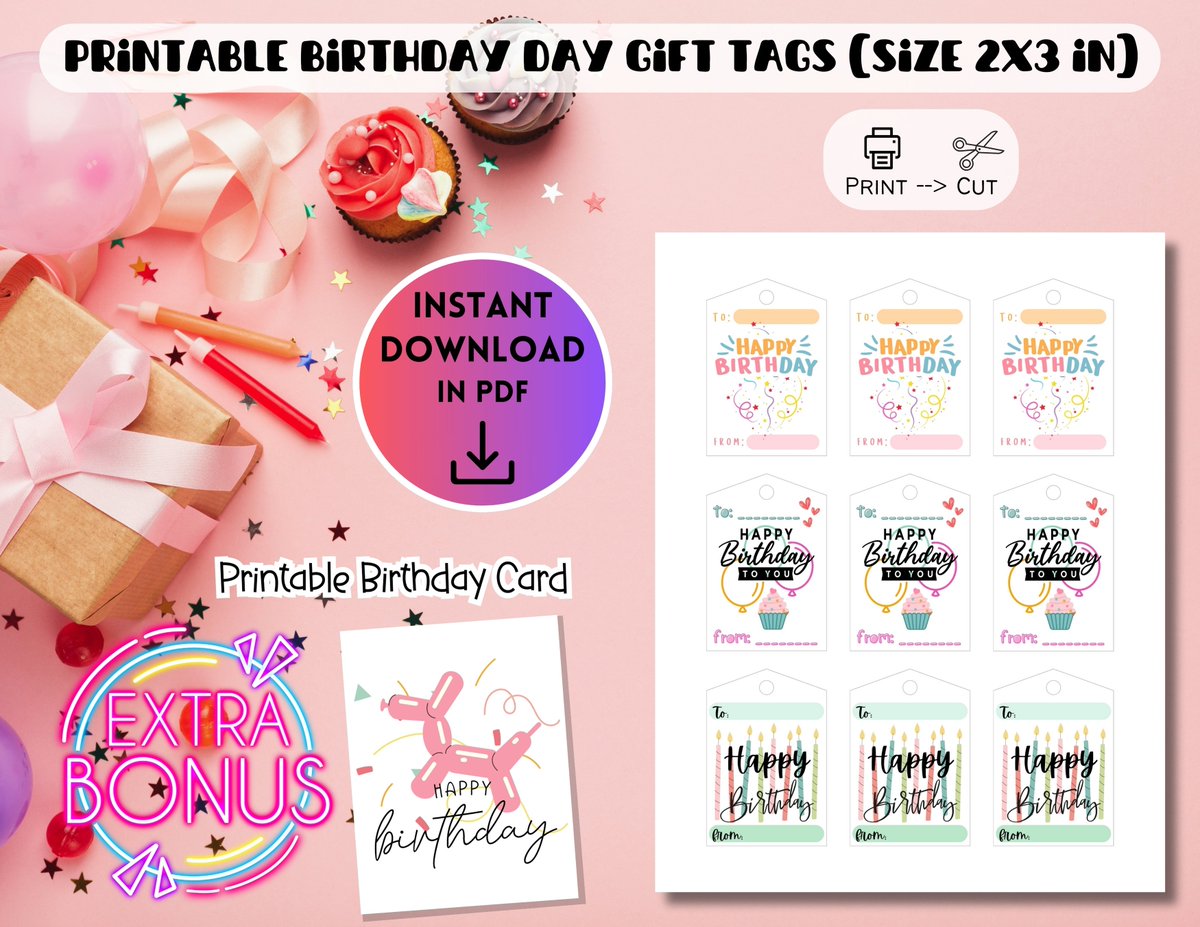 Printable Happy birthday gift tags, Girly birthday tag, Girl's by JooMadeShop etsy.me/3TJEyls via <a href="/Etsy/">Etsy</a>