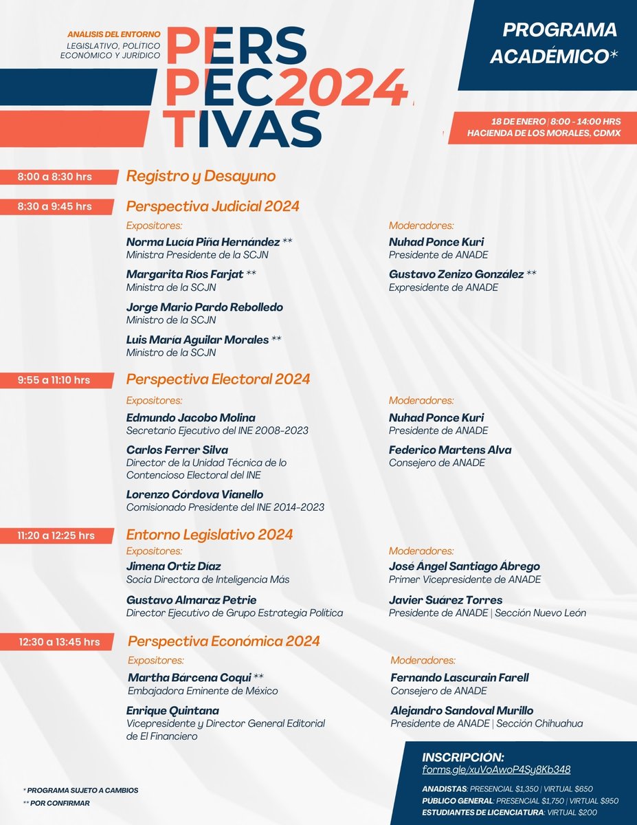 ¡Conoce el programa académico y expositores que te esperan en PERSPECTIVAS 2024!
🗓️18/ENERO - 8:00 a 14:00 hrs
📍Hacienda de los Morales, CDMX
Regístrate dando click aquí 👇forms.gle/xuVoAwoP4Sy8Kb…

<a href="/nuhadsita13/">Nuhad Kuri</a> 
<a href="/Anade_Puebla/">Anade Puebla</a> <a href="/ANADEJAL/">ANADE JALISCO</a> <a href="/ANADEQRoo/">ANADE Sección Quintana Roo</a> <a href="/AnadeYucatan_/">Anade Yucatán</a> <a href="/anade_queretaro/">ANADE Querétaro</a>