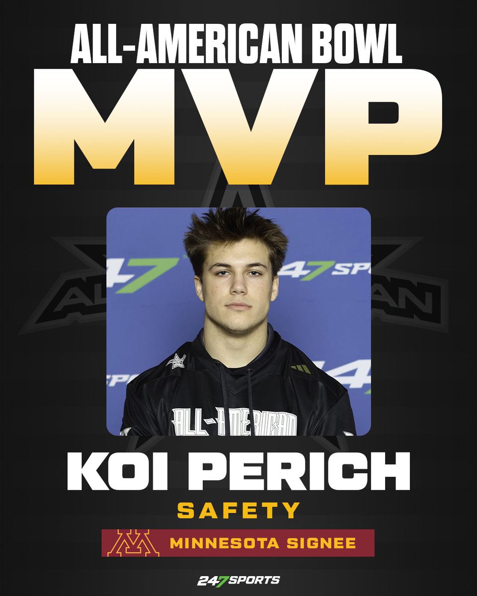 247Sports's tweet photo. 4⭐️ S and Minnesota commit Koi Perich was named the MVP of the All-American Bowl where he had an interception and a blocked punt 🏆

MORE: https://t.co/8yOTLcaocg https://t.co/i1VeTUc1Ra