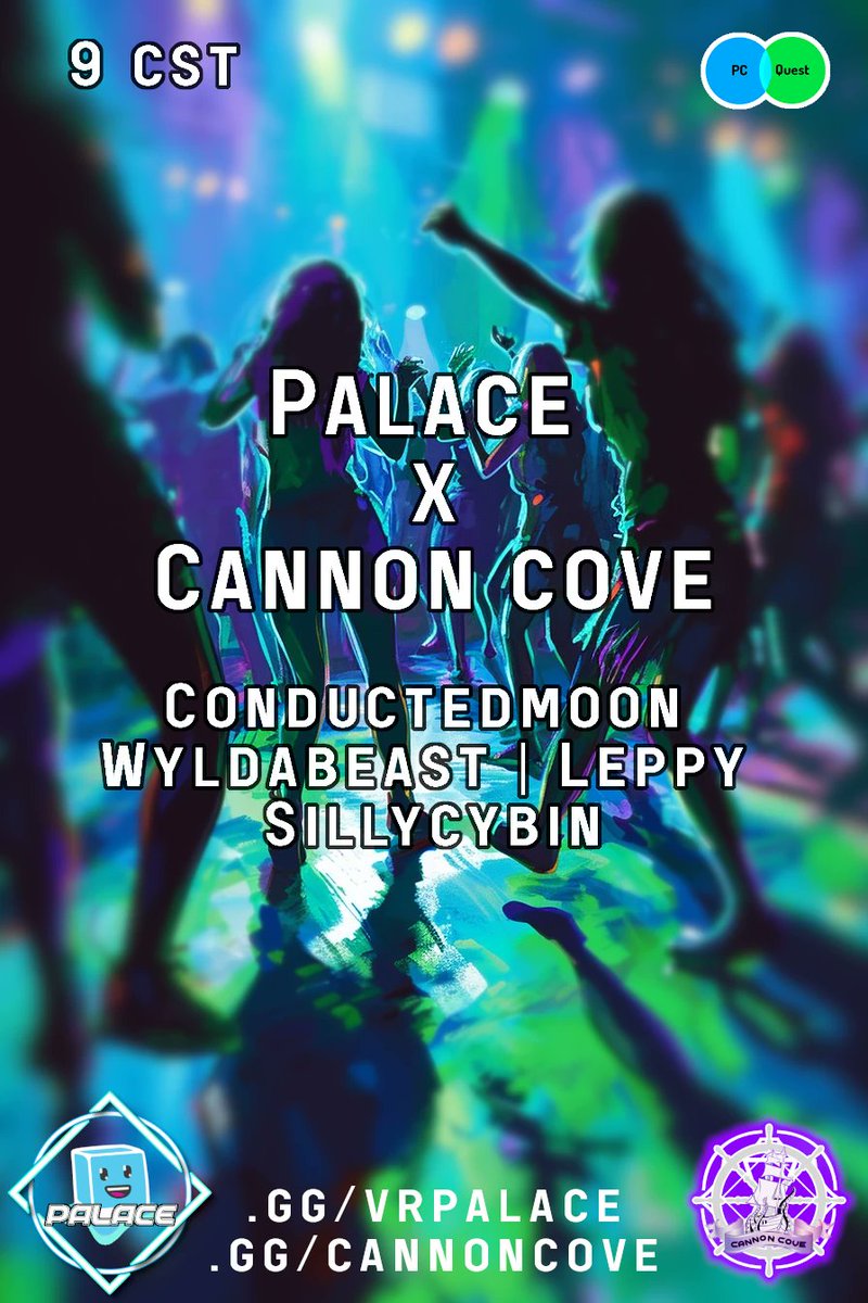 VR_Palace's tweet photo. Join us TONIGHT for an epic crossover with our good friends at Cannon Cove! We have an awesome 4-hour long DJ lineup so grab your drinks! 🍻

Doors open: 
January 6, 2024 7:00 PM PDT

Location:
Palace Median

Group Instance:
https://t.co/HnSbzP3ol0

DJ's:
7:00 PM: ConductedMoon
8:00 PM: WyldaBeast
9:00 PM: Leppy
10:00 PM: Sillycybin

Join Cannon Cove's Community here!
https://t.co/a60iPKum2c

Get notified when the event starts here:
https://t.co/9IYJYvkOqt

#VRChat #PalaceVR