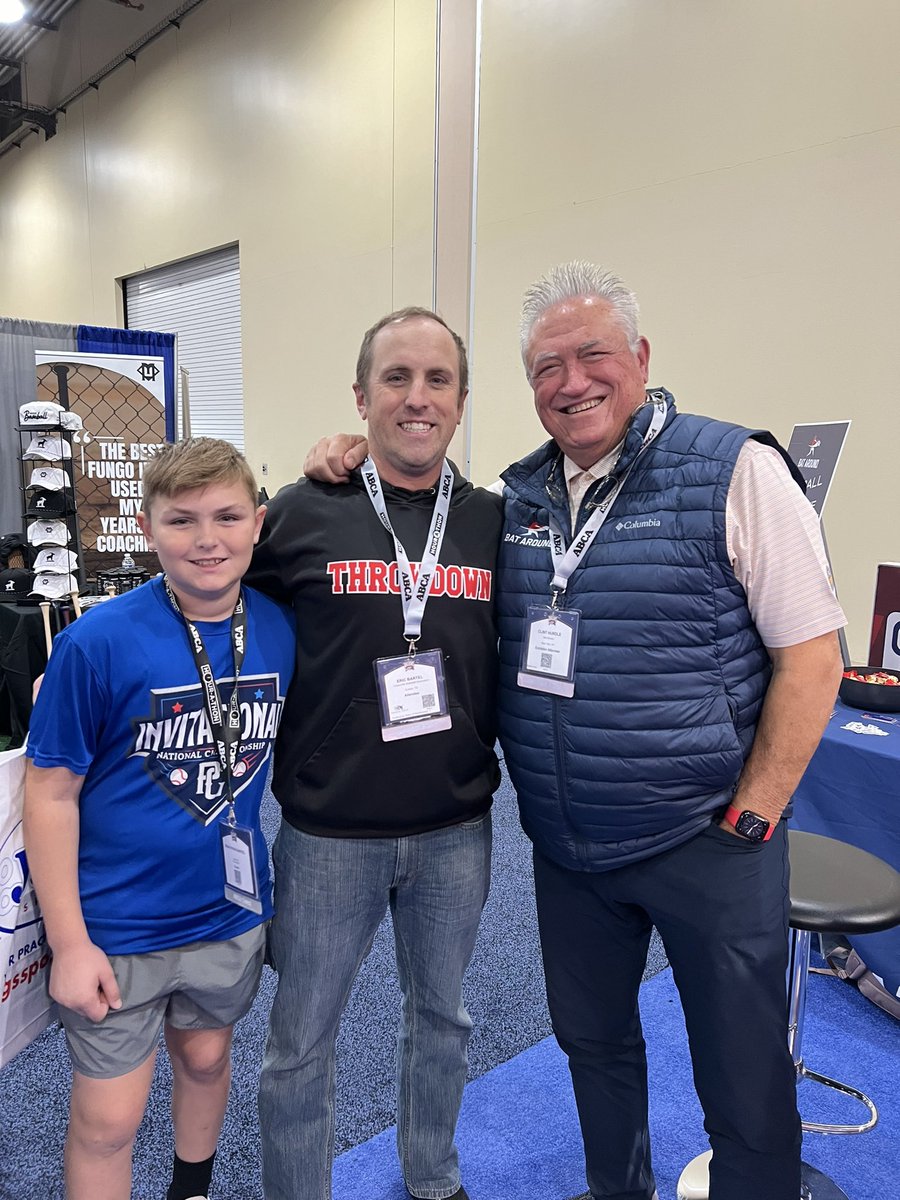 EricBartel's tweet photo. Took Sean Ryan to @ABCA1945 today. 1st for both of us. He said “It was cool!” Got to meet @ClintHurdle13 & hit @HitTraxOfficial with @letsbataround. Snag pic w Eric Byrnes #LetThemPlay & met our @PGYouthBB uniform reps. S/O to @RobVB73 & Will for helping #TexasThrowdown look good https://t.co/VNkxdhEnKU