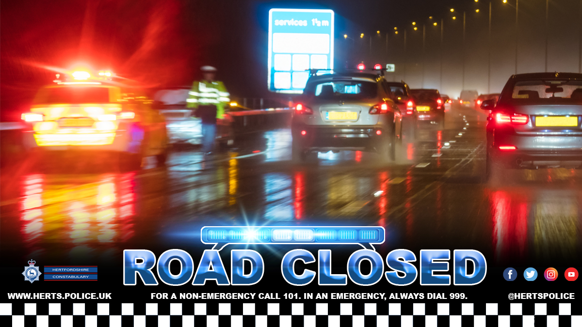 HertsPolice's tweet photo. Police are currently at the scene of a collision on the #A1M near #Junction8, #Stevenage.
The carriageway has been closed in both directions to allow emergency services access.
Please avoid the area and seek an alternate route where possible.
Thank you. https://t.co/nTewMKbcER