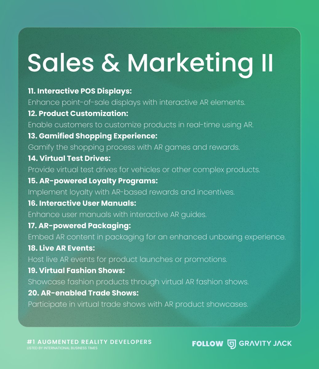 GravityJack's tweet photo. PART 1

⭐️100 WAYS AUGMENTED REALITY IS CHANGING BUSINESS FOR THE BETTER...
🌟PT1 - Sales &amp; Marketing
💫PT2 - Operations &amp; Systems next week!

Comment your favorites or add any that we missed! https://t.co/DB7b9EUWhx