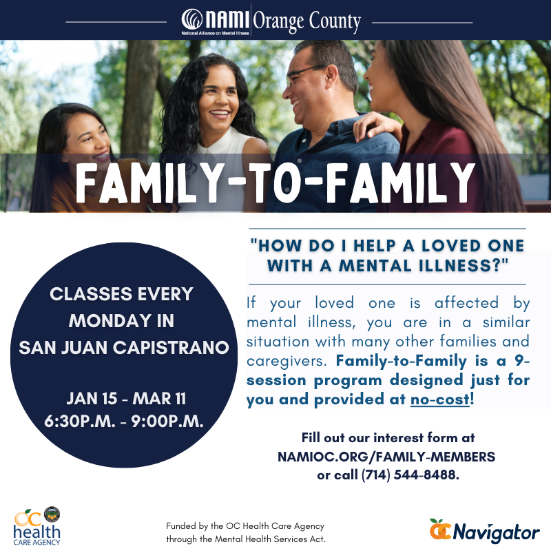 NAMIOC's tweet photo. Join us in San Juan Capistrano for a 9-week Family-To-Family program starting on Jan 15th! This in-person program provides a supportive space for families and caregivers supporting loved ones affected by mental illnessπ
Register at https://t.co/yws7A2knls
#NAMI #Family #NAMIOC https://t.co/cweFP4hOTz