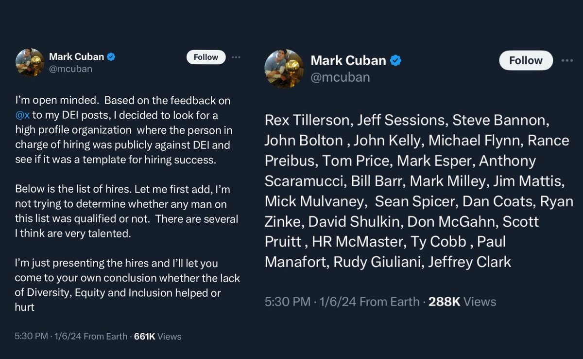 Mark Cuban is very good at this….using Trump’s hires to show how DEI works is a savage move 🤣💀