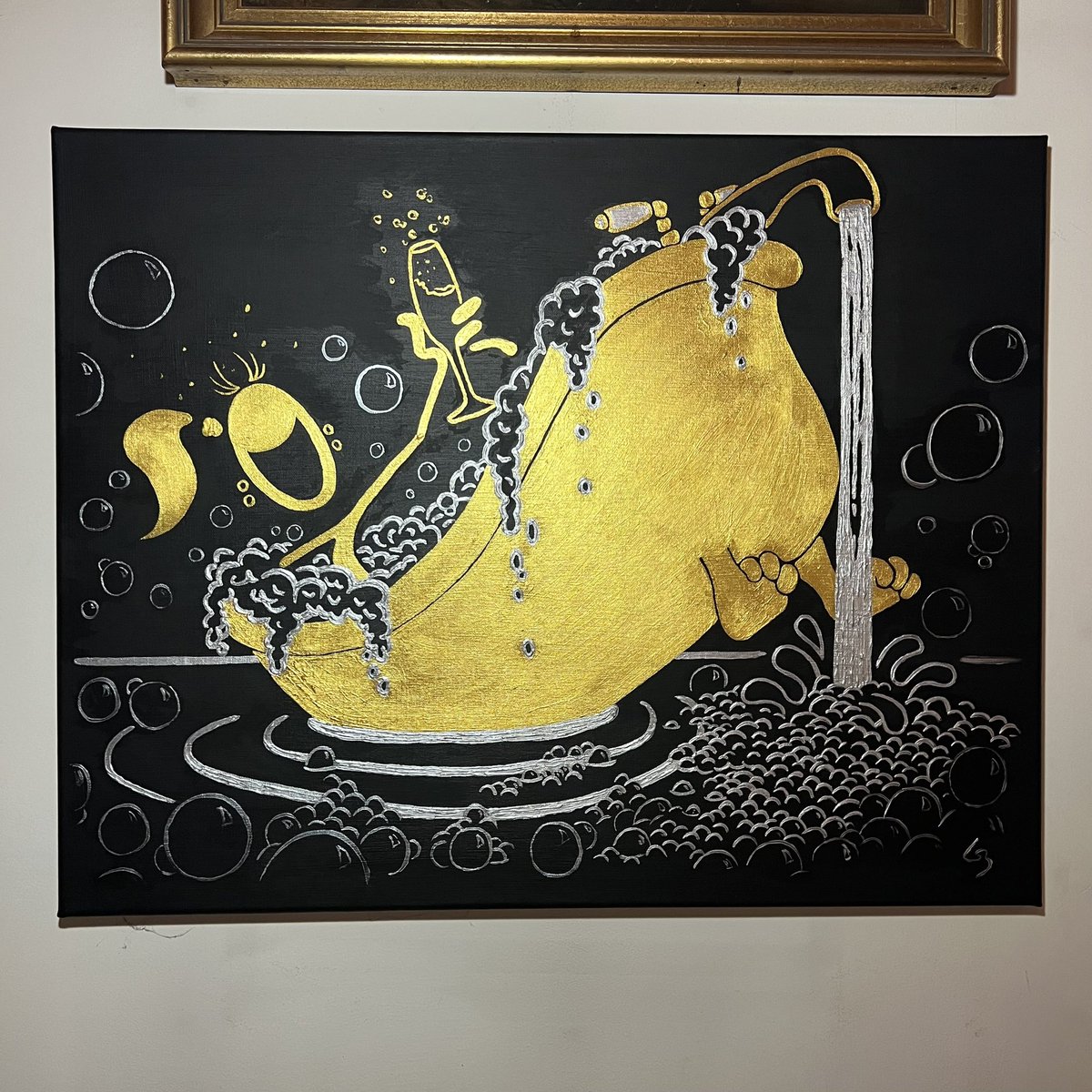 “Bubble Trouble” by Gary Blehm #wallart #wallpainting #galleryart #acryliconcanvas #bath #clawfootedbathtub #champage #decor #GaryBlehm #art PENMEN.com