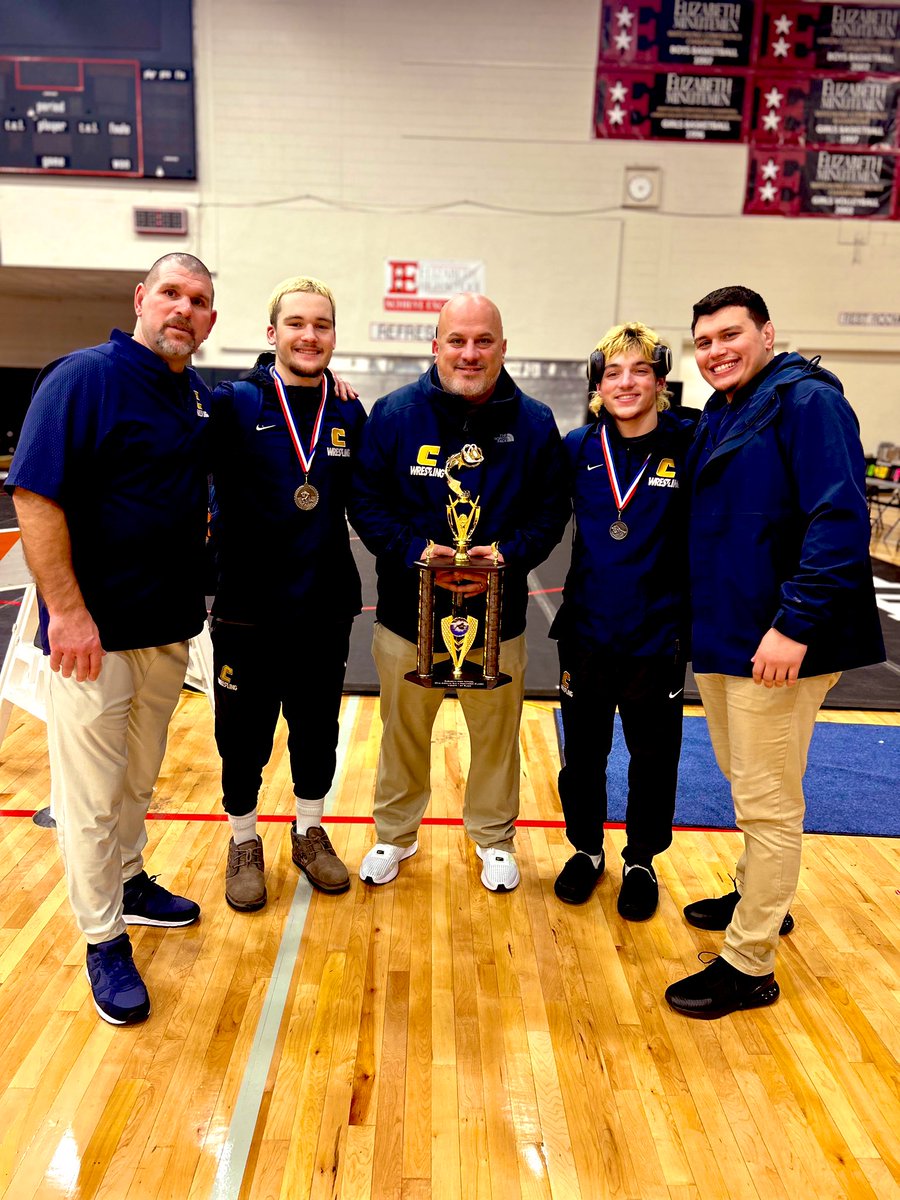 familyctown's tweet photo. Colonia Patriots winning their second tournament title today at the Minuteman tournament in Elizabeth. Picture with my staff and Captains @MikeyFeliciano @noahbone_5 https://t.co/JBYziSrWC6