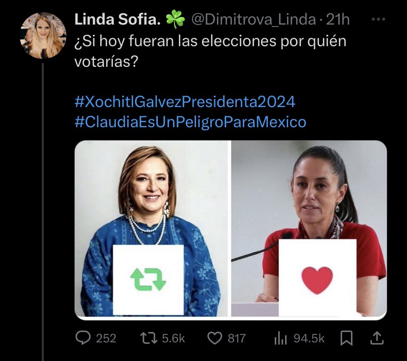 LSofiaDim's tweet photo. Hice una encuesta vía twitter a 6417 personas de las cuales 7 de cada 8 van a votar por @XochitlGalvez . https://t.co/3O1lgS9job