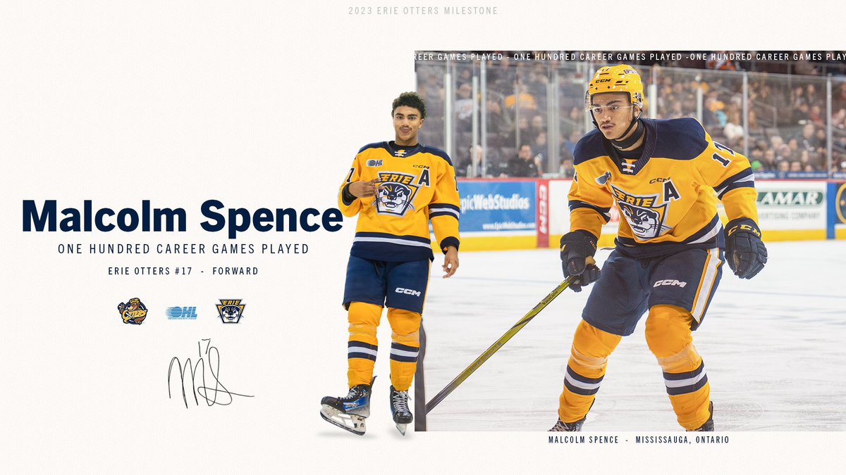 Time flies when you're having fun! Malcolm Spence is skating in his 100th @OHLHockey game tonight! Congratulations Spence!