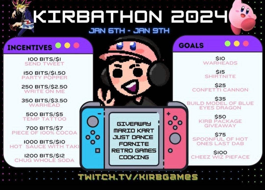 Kirbgames's tweet photo. We are live now our 4 year twitch anniversary stream is upon us. 
#twitch #subathon #kirby https://t.co/07WQa3l2Nf