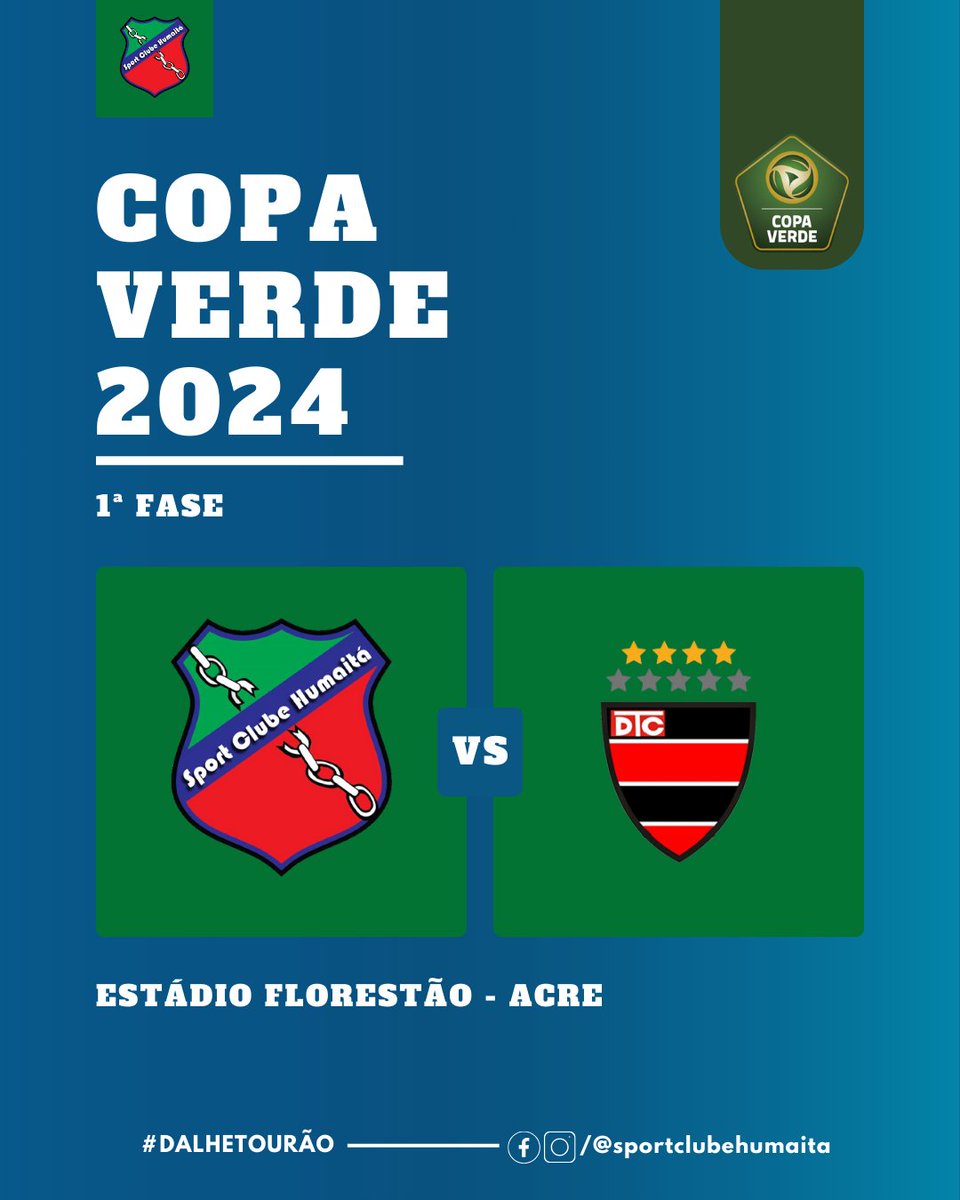 🏆 Conhecemos o nosso primeiro adversário na Copa Verde 2024

O Sport Clube Humaitá irá estrear em casa no torneio, contra o Trem-AP, em partida com data ainda a ser confirmada.

O duelo será resolvido em jogo único, o vencedor avança para as oitavas de final.

#DalheTourão 🇬🇲🐂